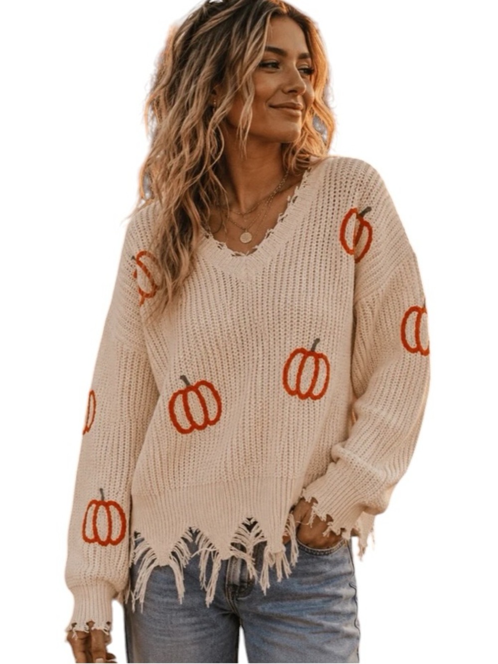 626: LOVELO NWT PUMPKIN PRINT RAW EDGE DISTRESSED SWEATER CREAM (H2)